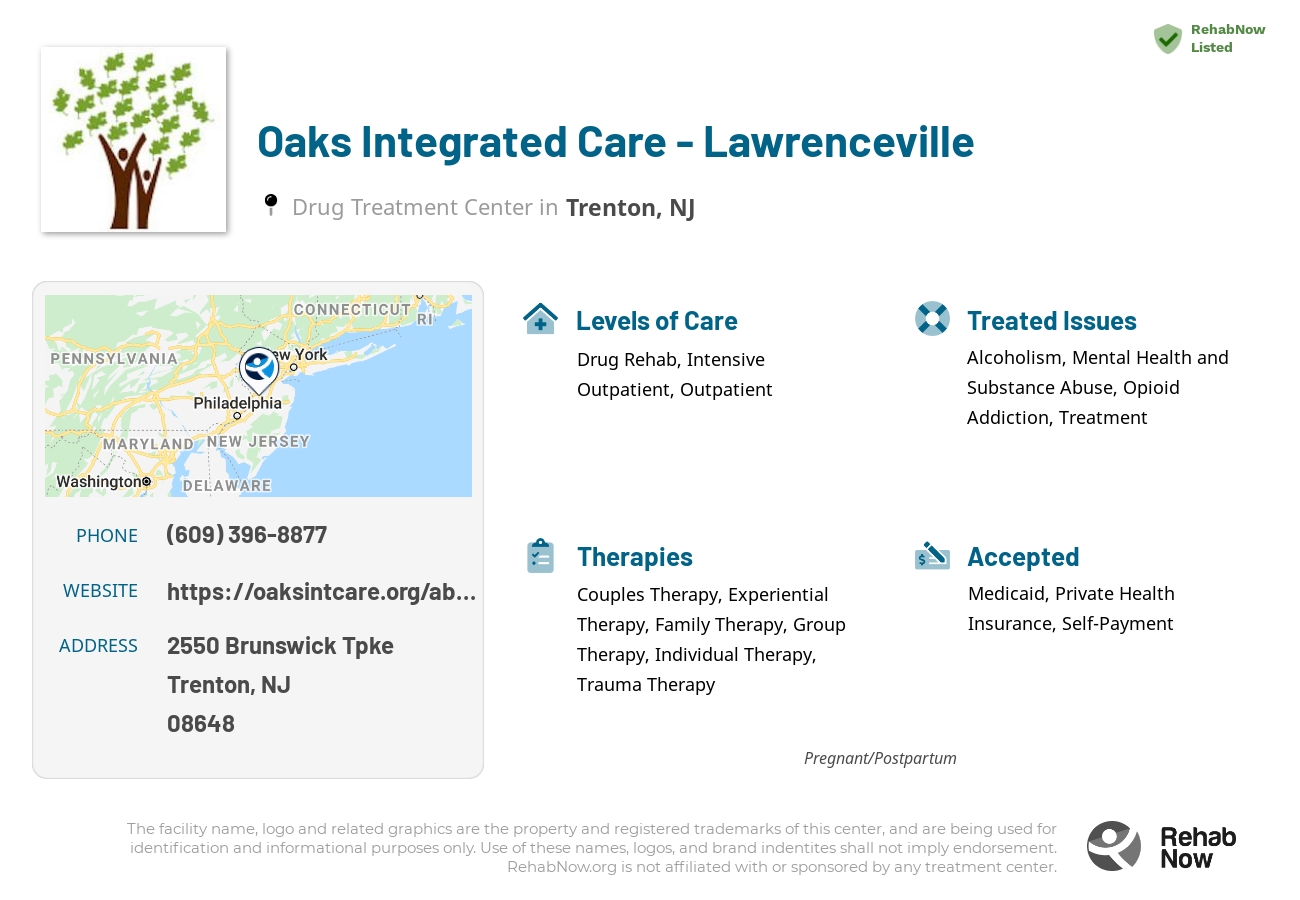 Helpful reference information for Oaks Integrated Care - Lawrenceville, a drug treatment center in New Jersey located at: 2550 Brunswick Tpke, Trenton, NJ 08648, including phone numbers, official website, and more. Listed briefly is an overview of Levels of Care, Therapies Offered, Issues Treated, and accepted forms of Payment Methods.