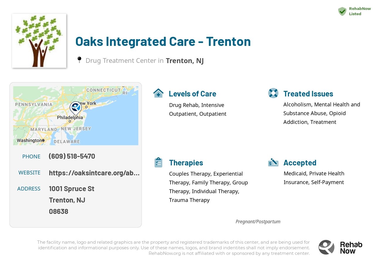 Helpful reference information for Oaks Integrated Care - Trenton, a drug treatment center in New Jersey located at: 1001 Spruce St, Trenton, NJ 08638, including phone numbers, official website, and more. Listed briefly is an overview of Levels of Care, Therapies Offered, Issues Treated, and accepted forms of Payment Methods.