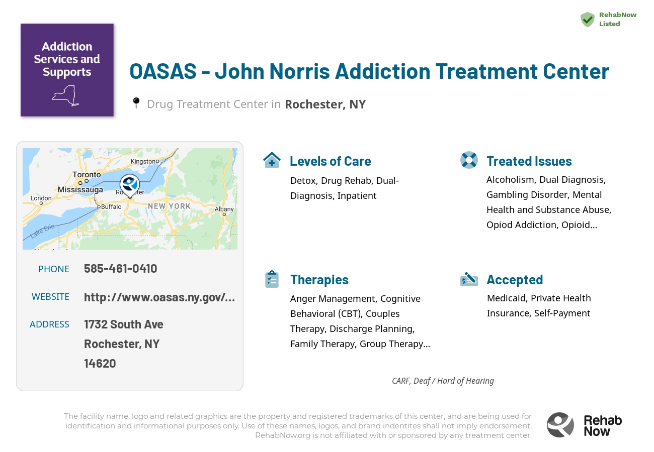 Helpful reference information for OASAS - John Norris Addiction Treatment Center, a drug treatment center in New York located at: 1732 South Ave, Rochester, NY 14620, including phone numbers, official website, and more. Listed briefly is an overview of Levels of Care, Therapies Offered, Issues Treated, and accepted forms of Payment Methods.