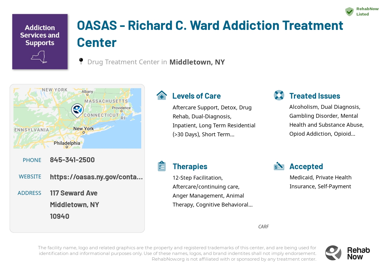 Helpful reference information for OASAS - Richard C. Ward Addiction Treatment Center, a drug treatment center in New York located at: 117 Seward Ave, Middletown, NY 10940, including phone numbers, official website, and more. Listed briefly is an overview of Levels of Care, Therapies Offered, Issues Treated, and accepted forms of Payment Methods.