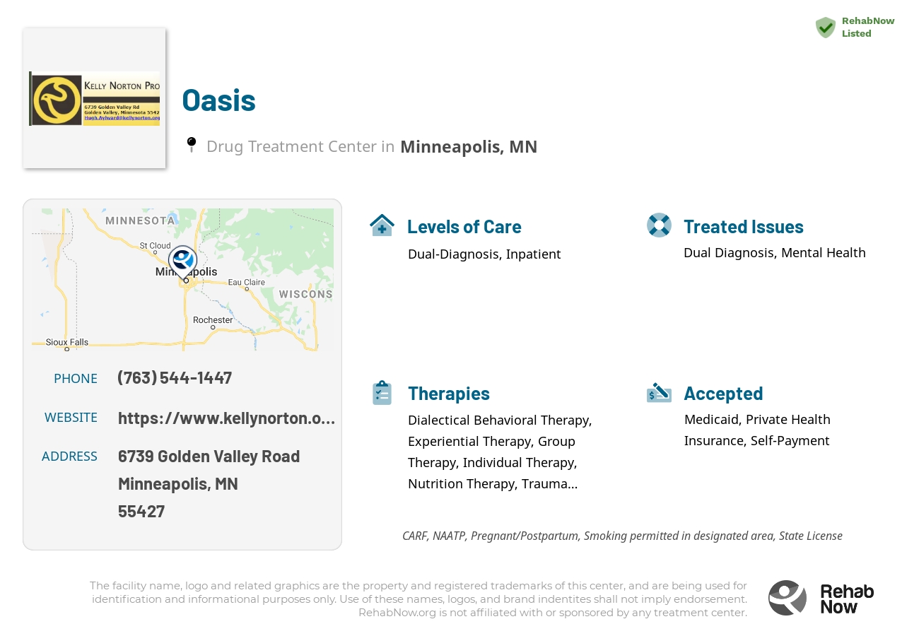 Helpful reference information for Oasis, a drug treatment center in Minnesota located at: 6739 6739 Golden Valley Road, Minneapolis, MN 55427, including phone numbers, official website, and more. Listed briefly is an overview of Levels of Care, Therapies Offered, Issues Treated, and accepted forms of Payment Methods.