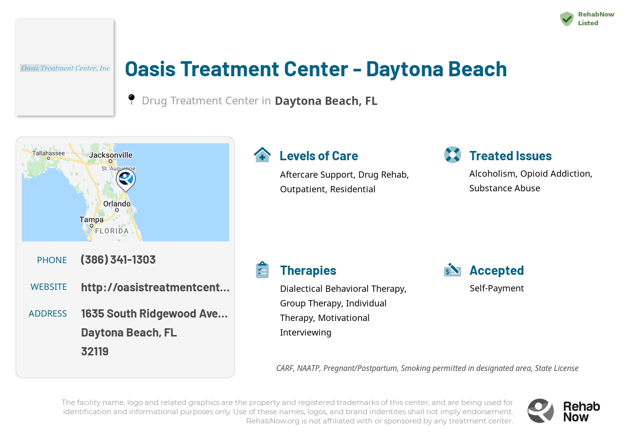 Helpful reference information for Oasis Treatment Center - Daytona Beach, a drug treatment center in Florida located at: 1635 South Ridgewood Avenue, Daytona Beach, FL, 32119, including phone numbers, official website, and more. Listed briefly is an overview of Levels of Care, Therapies Offered, Issues Treated, and accepted forms of Payment Methods.