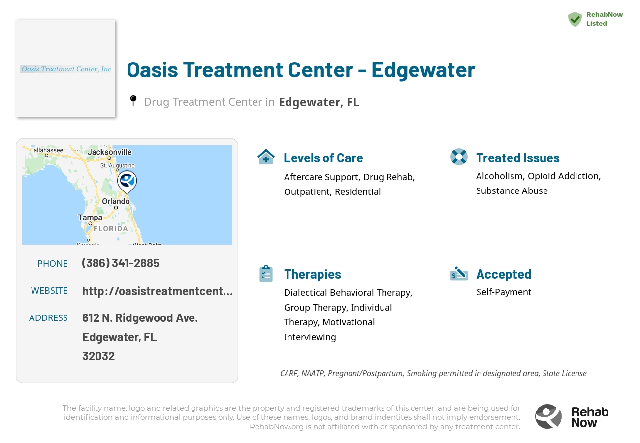 Helpful reference information for Oasis Treatment Center - Edgewater, a drug treatment center in Florida located at: 612 N. Ridgewood Ave., Edgewater, FL, 32032, including phone numbers, official website, and more. Listed briefly is an overview of Levels of Care, Therapies Offered, Issues Treated, and accepted forms of Payment Methods.