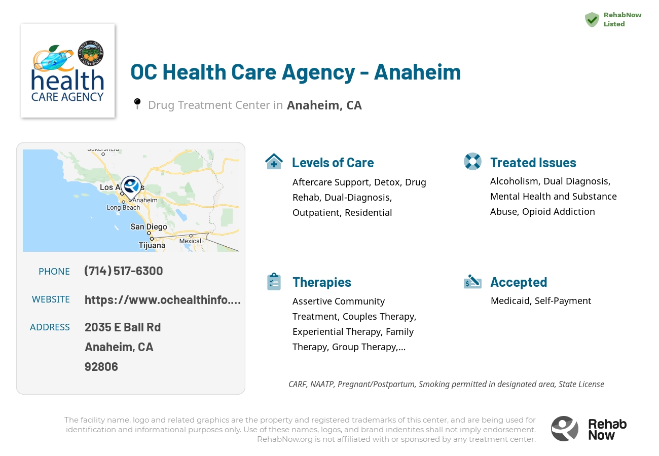 Helpful reference information for OC Health Care Agency - Anaheim, a drug treatment center in California located at: 2035 E Ball Rd, Anaheim, CA 92806, including phone numbers, official website, and more. Listed briefly is an overview of Levels of Care, Therapies Offered, Issues Treated, and accepted forms of Payment Methods.