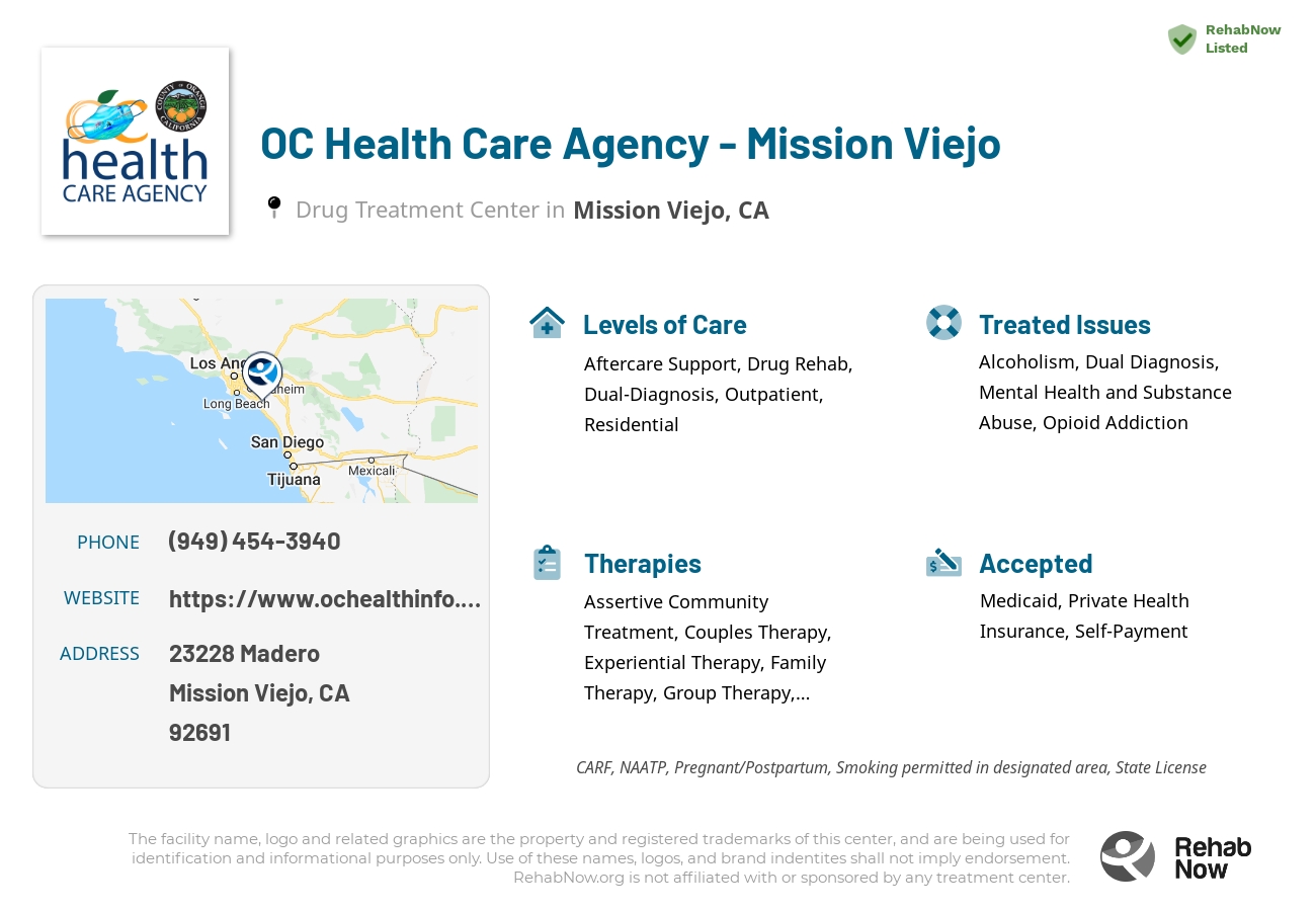 Helpful reference information for OC Health Care Agency - Mission Viejo, a drug treatment center in California located at: 23228 Madero, Mission Viejo, CA 92691, including phone numbers, official website, and more. Listed briefly is an overview of Levels of Care, Therapies Offered, Issues Treated, and accepted forms of Payment Methods.