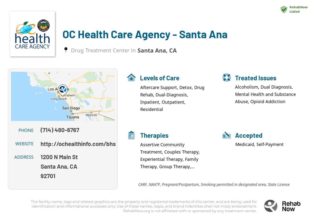 Helpful reference information for OC Health Care Agency - Santa Ana, a drug treatment center in California located at: 1200 N Main St, Santa Ana, CA 92701, including phone numbers, official website, and more. Listed briefly is an overview of Levels of Care, Therapies Offered, Issues Treated, and accepted forms of Payment Methods.