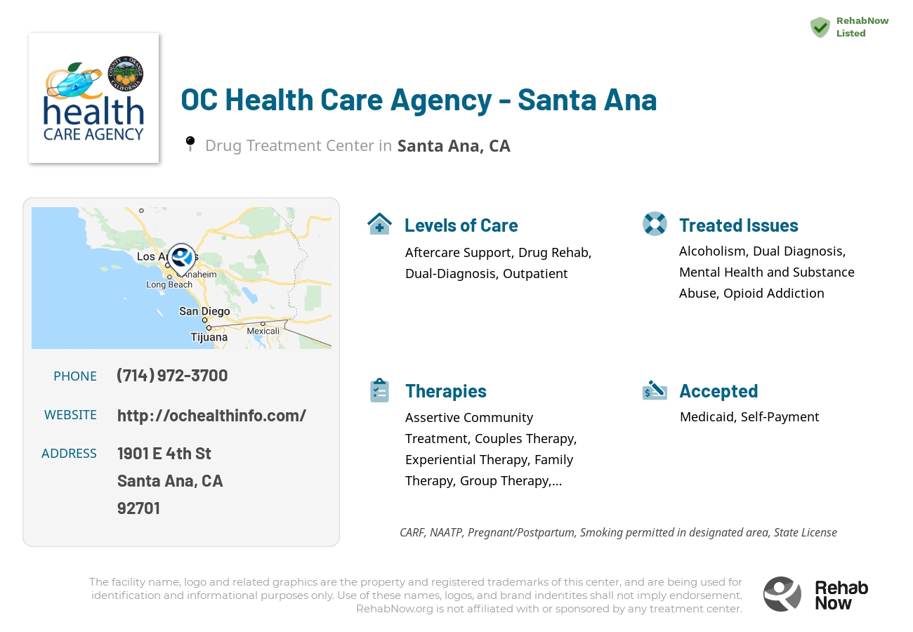 Helpful reference information for OC Health Care Agency - Santa Ana, a drug treatment center in California located at: 1901 E 4th St, Santa Ana, CA 92701, including phone numbers, official website, and more. Listed briefly is an overview of Levels of Care, Therapies Offered, Issues Treated, and accepted forms of Payment Methods.