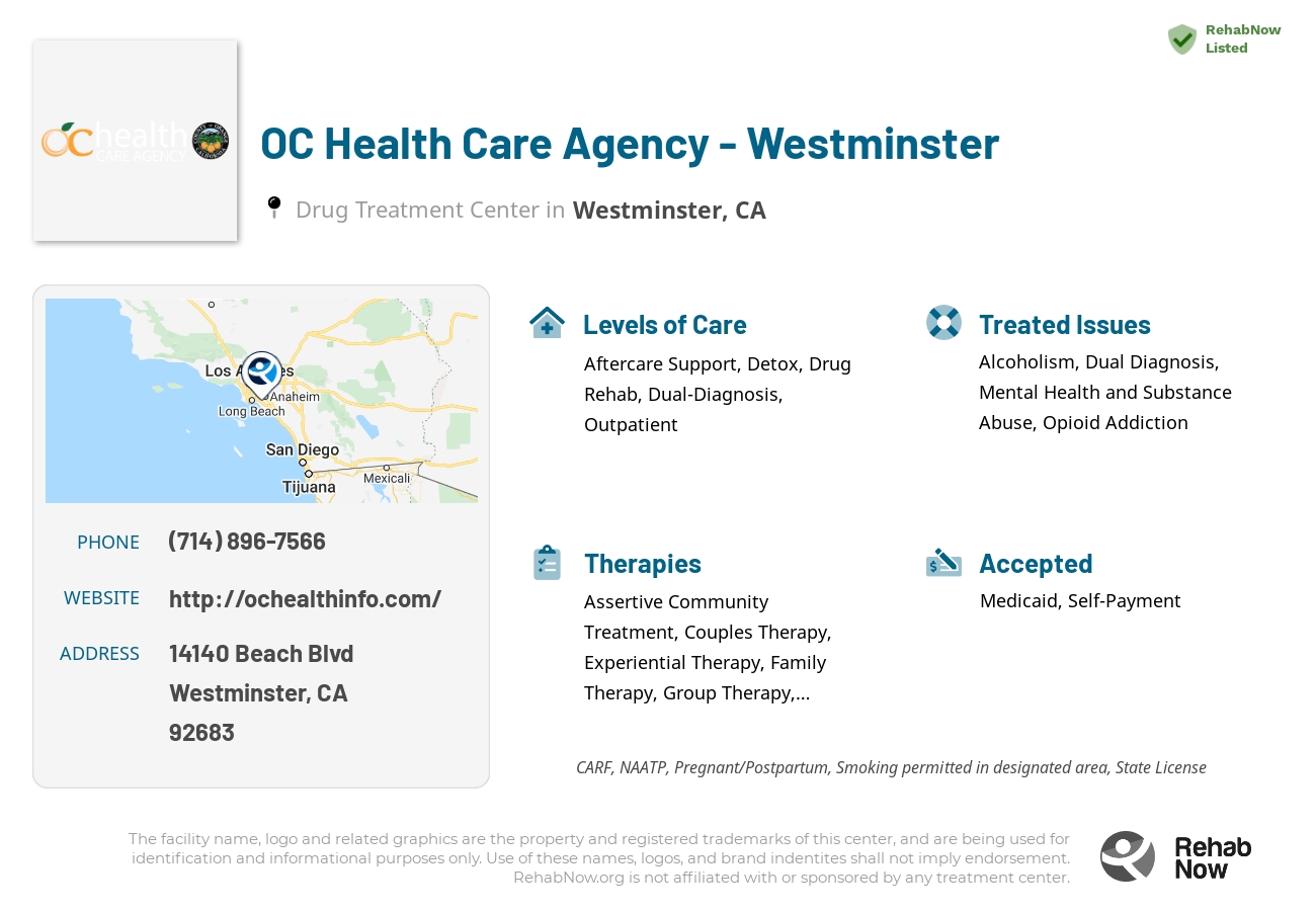 Helpful reference information for OC Health Care Agency - Westminster, a drug treatment center in California located at: 14140 Beach Blvd, Westminster, CA 92683, including phone numbers, official website, and more. Listed briefly is an overview of Levels of Care, Therapies Offered, Issues Treated, and accepted forms of Payment Methods.