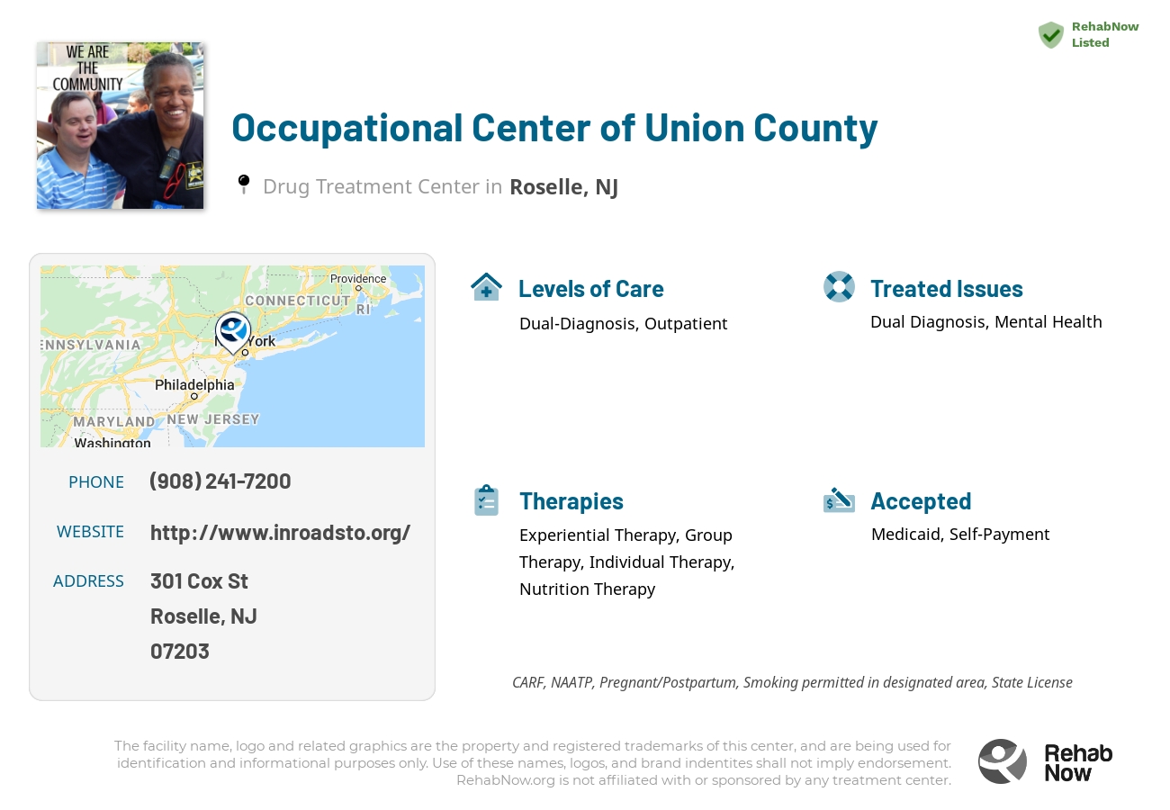 Helpful reference information for Occupational Center of Union County, a drug treatment center in New Jersey located at: 301 Cox St, Roselle, NJ 07203, including phone numbers, official website, and more. Listed briefly is an overview of Levels of Care, Therapies Offered, Issues Treated, and accepted forms of Payment Methods.