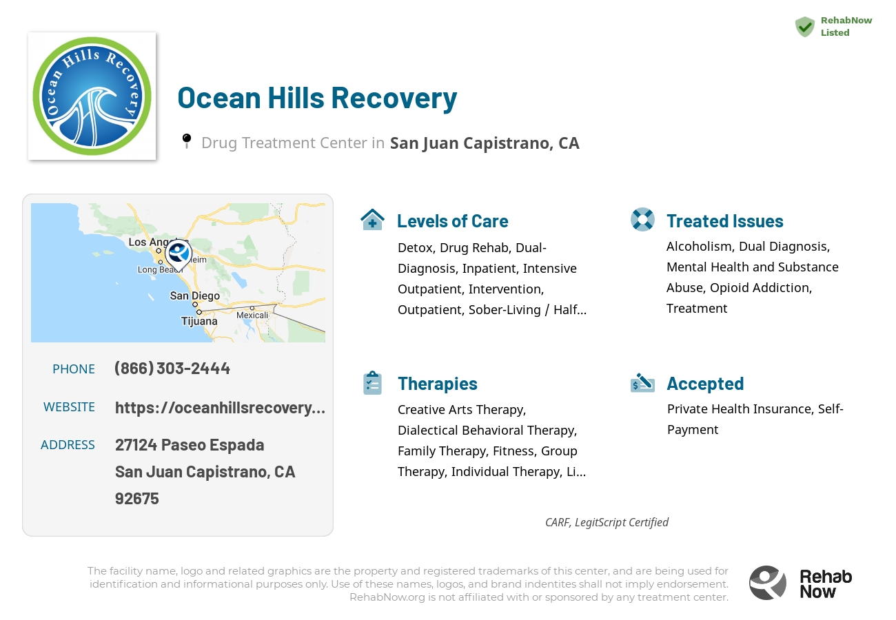 Helpful reference information for Ocean Hills Recovery, a drug treatment center in California located at: 27124 Paseo Espada, San Juan Capistrano, CA 92675, including phone numbers, official website, and more. Listed briefly is an overview of Levels of Care, Therapies Offered, Issues Treated, and accepted forms of Payment Methods.