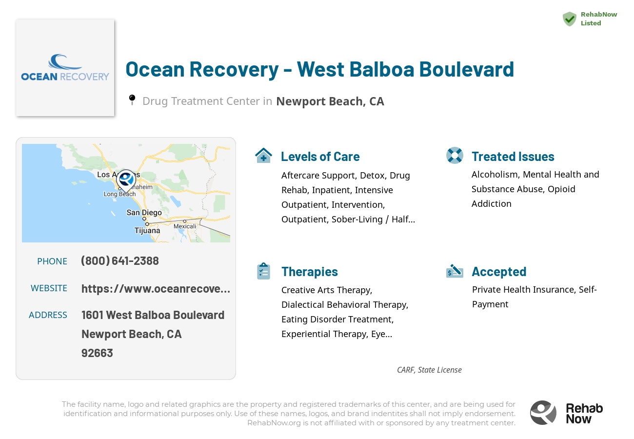 Helpful reference information for Ocean Recovery - West Balboa Boulevard, a drug treatment center in California located at: 1601 West Balboa Boulevard, Newport Beach, CA, 92663, including phone numbers, official website, and more. Listed briefly is an overview of Levels of Care, Therapies Offered, Issues Treated, and accepted forms of Payment Methods.