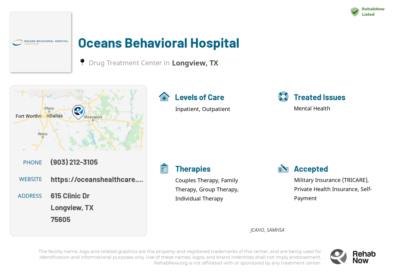 Helpful reference information for Oceans Behavioral Hospital, a drug treatment center in Texas located at: 615 Clinic Dr, Longview, TX 75605, including phone numbers, official website, and more. Listed briefly is an overview of Levels of Care, Therapies Offered, Issues Treated, and accepted forms of Payment Methods.