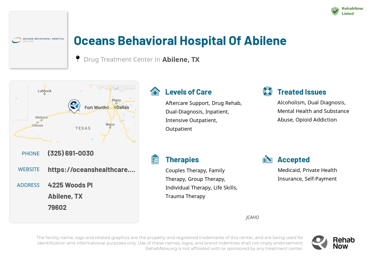 Helpful reference information for Oceans Behavioral Hospital Of Abilene, a drug treatment center in Texas located at: 4225 Woods Pl, Abilene, TX 79602, including phone numbers, official website, and more. Listed briefly is an overview of Levels of Care, Therapies Offered, Issues Treated, and accepted forms of Payment Methods.