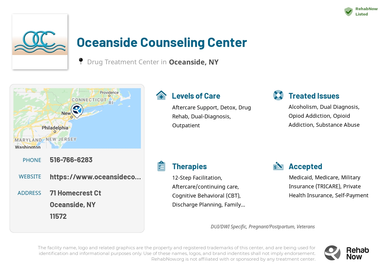 Helpful reference information for Oceanside Counseling Center, a drug treatment center in New York located at: 71 Homecrest Ct, Oceanside, NY 11572, including phone numbers, official website, and more. Listed briefly is an overview of Levels of Care, Therapies Offered, Issues Treated, and accepted forms of Payment Methods.