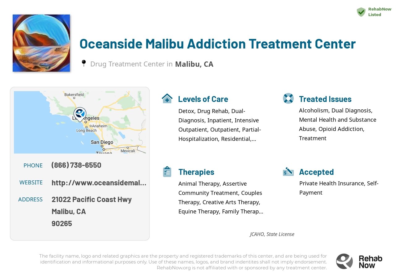 Helpful reference information for Oceanside Malibu Addiction Treatment Center, a drug treatment center in California located at: 21022 Pacific Coast Hwy, Malibu, CA 90265, including phone numbers, official website, and more. Listed briefly is an overview of Levels of Care, Therapies Offered, Issues Treated, and accepted forms of Payment Methods.