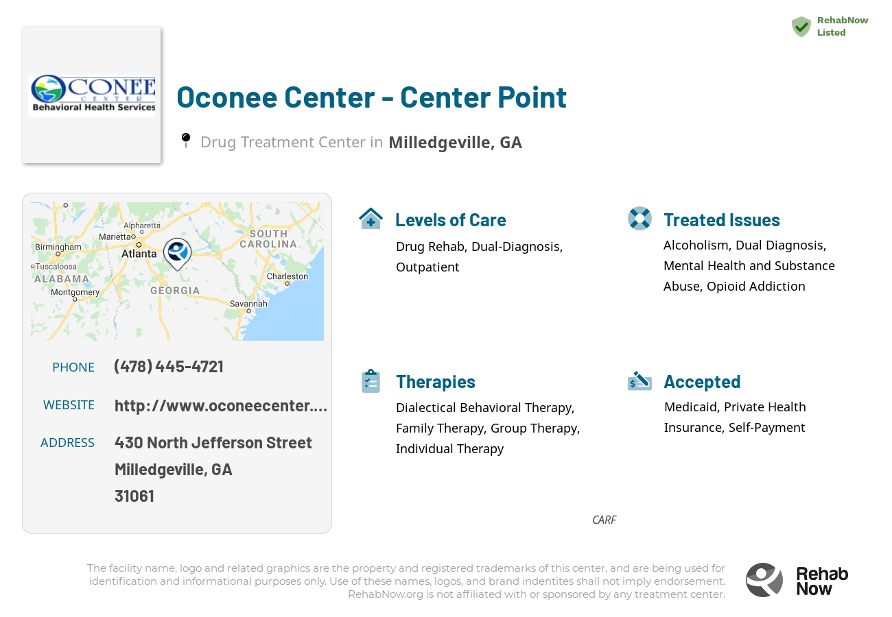 Helpful reference information for Oconee Center - Center Point, a drug treatment center in Georgia located at: 430 430 North Jefferson Street, Milledgeville, GA 31061, including phone numbers, official website, and more. Listed briefly is an overview of Levels of Care, Therapies Offered, Issues Treated, and accepted forms of Payment Methods.
