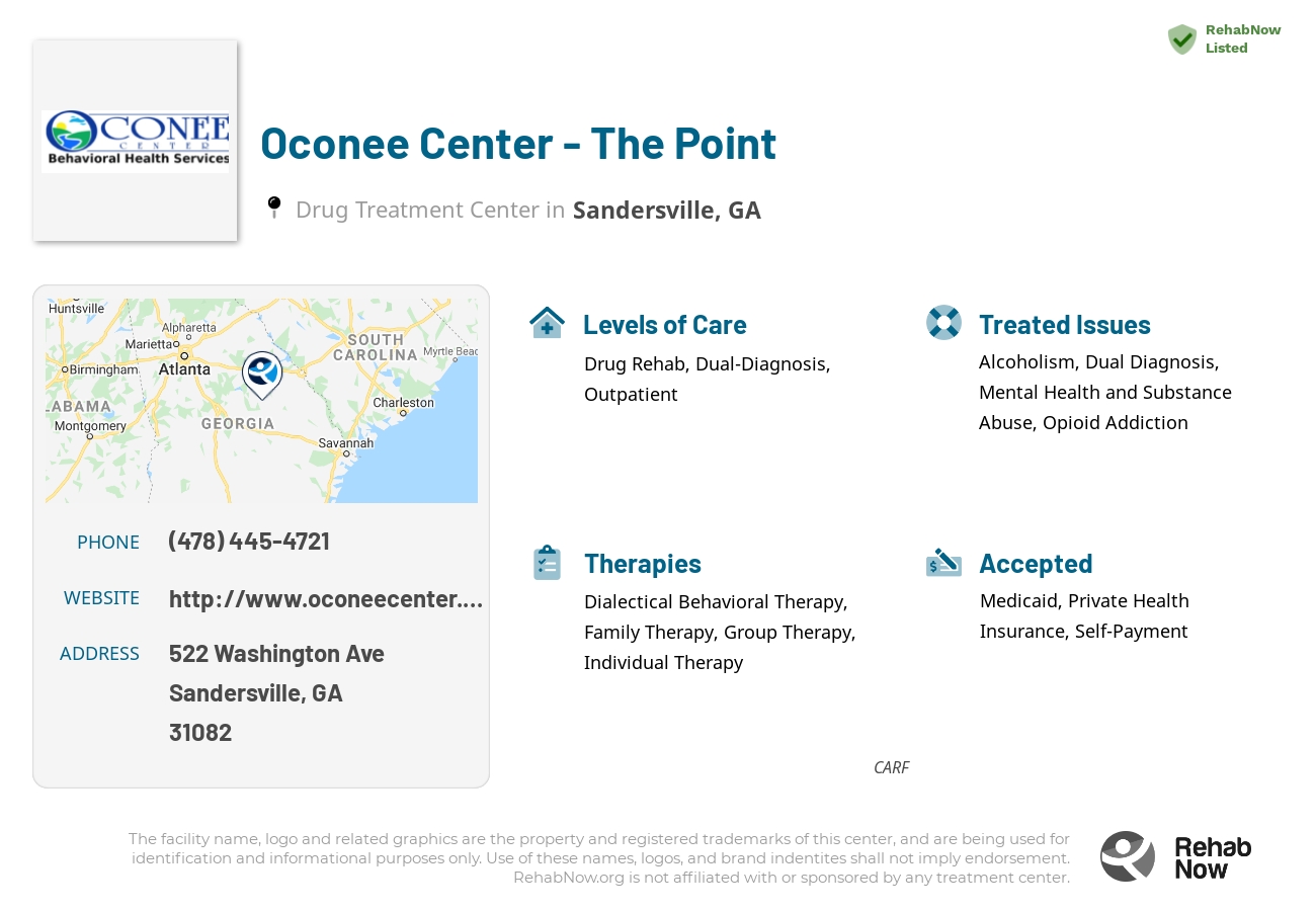 Helpful reference information for Oconee Center - The Point, a drug treatment center in Georgia located at: 522 522 Washington Ave, Sandersville, GA 31082, including phone numbers, official website, and more. Listed briefly is an overview of Levels of Care, Therapies Offered, Issues Treated, and accepted forms of Payment Methods.