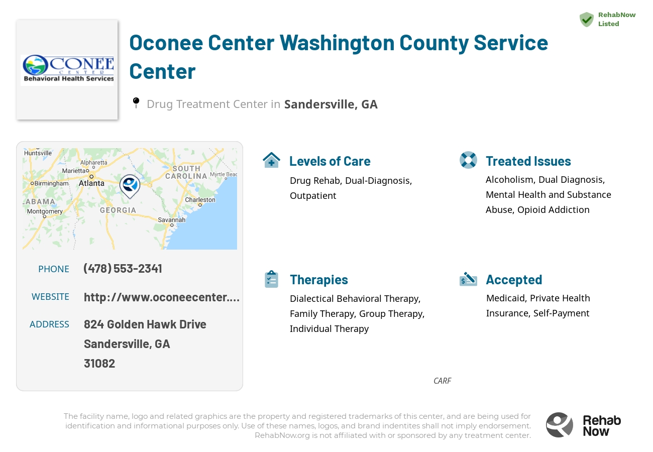 Helpful reference information for Oconee Center Washington County Service Center, a drug treatment center in Georgia located at: 824 Golden Hawk Drive, Sandersville, GA 31082, including phone numbers, official website, and more. Listed briefly is an overview of Levels of Care, Therapies Offered, Issues Treated, and accepted forms of Payment Methods.