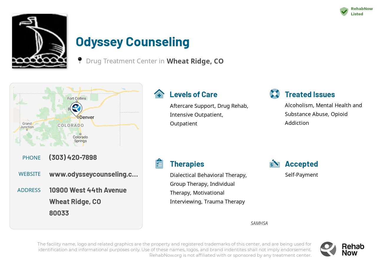 Helpful reference information for Odyssey Counseling, a drug treatment center in Colorado located at: 10900 West 44th Avenue, Wheat Ridge, CO, 80033, including phone numbers, official website, and more. Listed briefly is an overview of Levels of Care, Therapies Offered, Issues Treated, and accepted forms of Payment Methods.