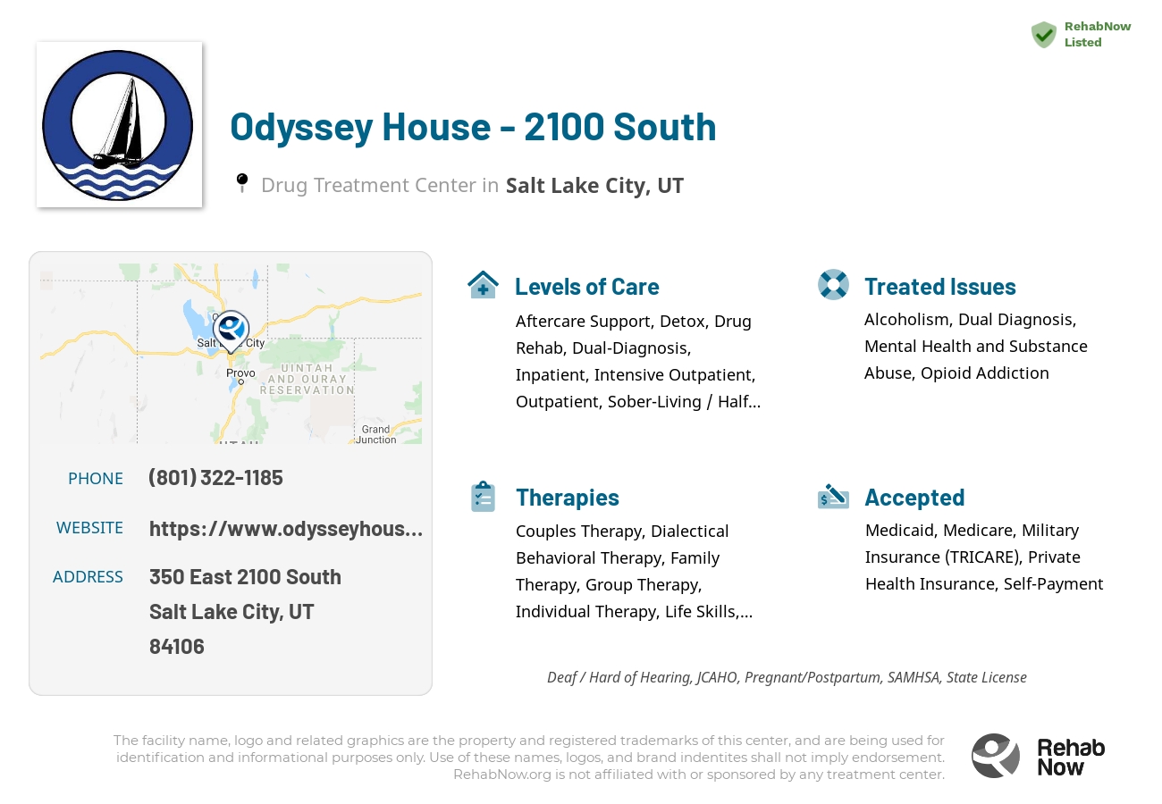 Helpful reference information for Odyssey House - 2100 South, a drug treatment center in Utah located at: 350 East 2100 South, Salt Lake City, UT, 84106, including phone numbers, official website, and more. Listed briefly is an overview of Levels of Care, Therapies Offered, Issues Treated, and accepted forms of Payment Methods.
