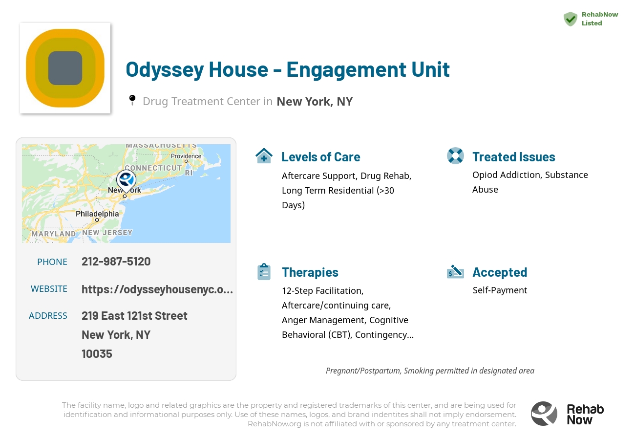 Helpful reference information for Odyssey House - Engagement Unit, a drug treatment center in New York located at: 219 East 121st Street, New York, NY 10035, including phone numbers, official website, and more. Listed briefly is an overview of Levels of Care, Therapies Offered, Issues Treated, and accepted forms of Payment Methods.
