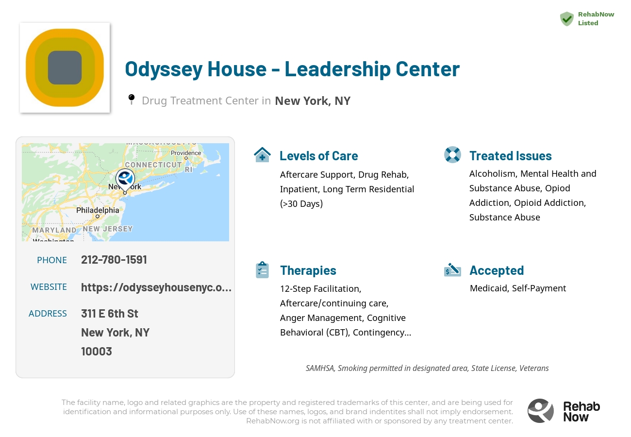 Helpful reference information for Odyssey House - Leadership Center, a drug treatment center in New York located at: 311 E 6th St, New York, NY 10003, including phone numbers, official website, and more. Listed briefly is an overview of Levels of Care, Therapies Offered, Issues Treated, and accepted forms of Payment Methods.