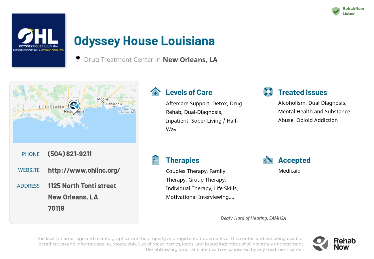 Helpful reference information for Odyssey House Louisiana, a drug treatment center in Louisiana located at: 1125 North Tonti street, New Orleans, LA, 70119, including phone numbers, official website, and more. Listed briefly is an overview of Levels of Care, Therapies Offered, Issues Treated, and accepted forms of Payment Methods.