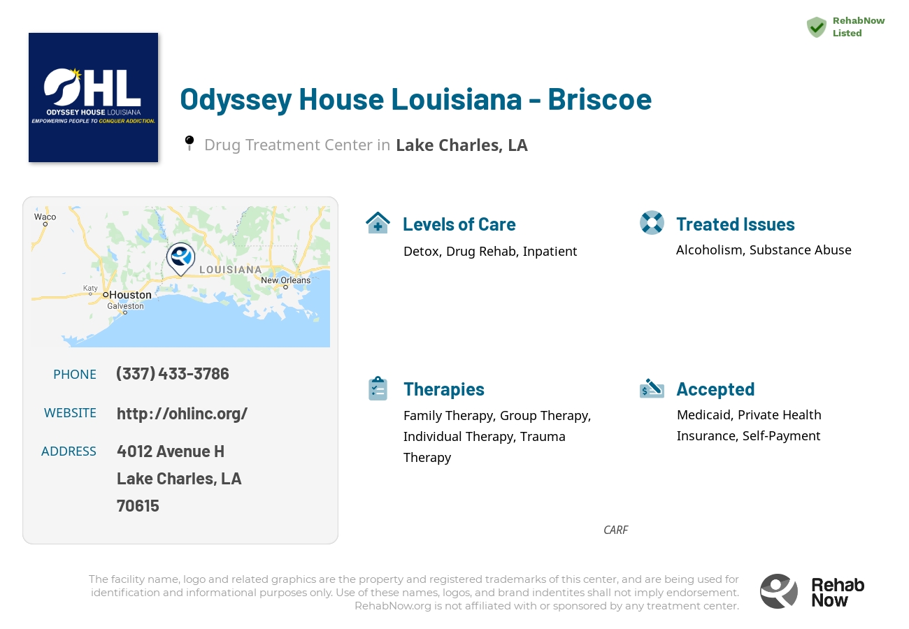 Helpful reference information for Odyssey House Louisiana - Briscoe, a drug treatment center in Louisiana located at: 4012 4012 Avenue H, Lake Charles, LA 70615, including phone numbers, official website, and more. Listed briefly is an overview of Levels of Care, Therapies Offered, Issues Treated, and accepted forms of Payment Methods.
