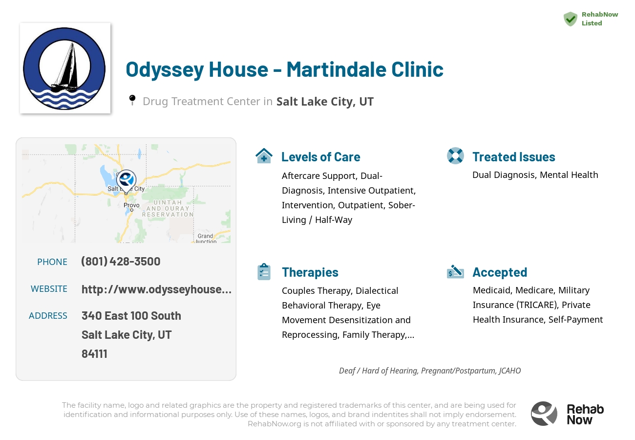 Helpful reference information for Odyssey House - Martindale Clinic, a drug treatment center in Utah located at: 340 340 East 100 South, Salt Lake City, UT 84111, including phone numbers, official website, and more. Listed briefly is an overview of Levels of Care, Therapies Offered, Issues Treated, and accepted forms of Payment Methods.