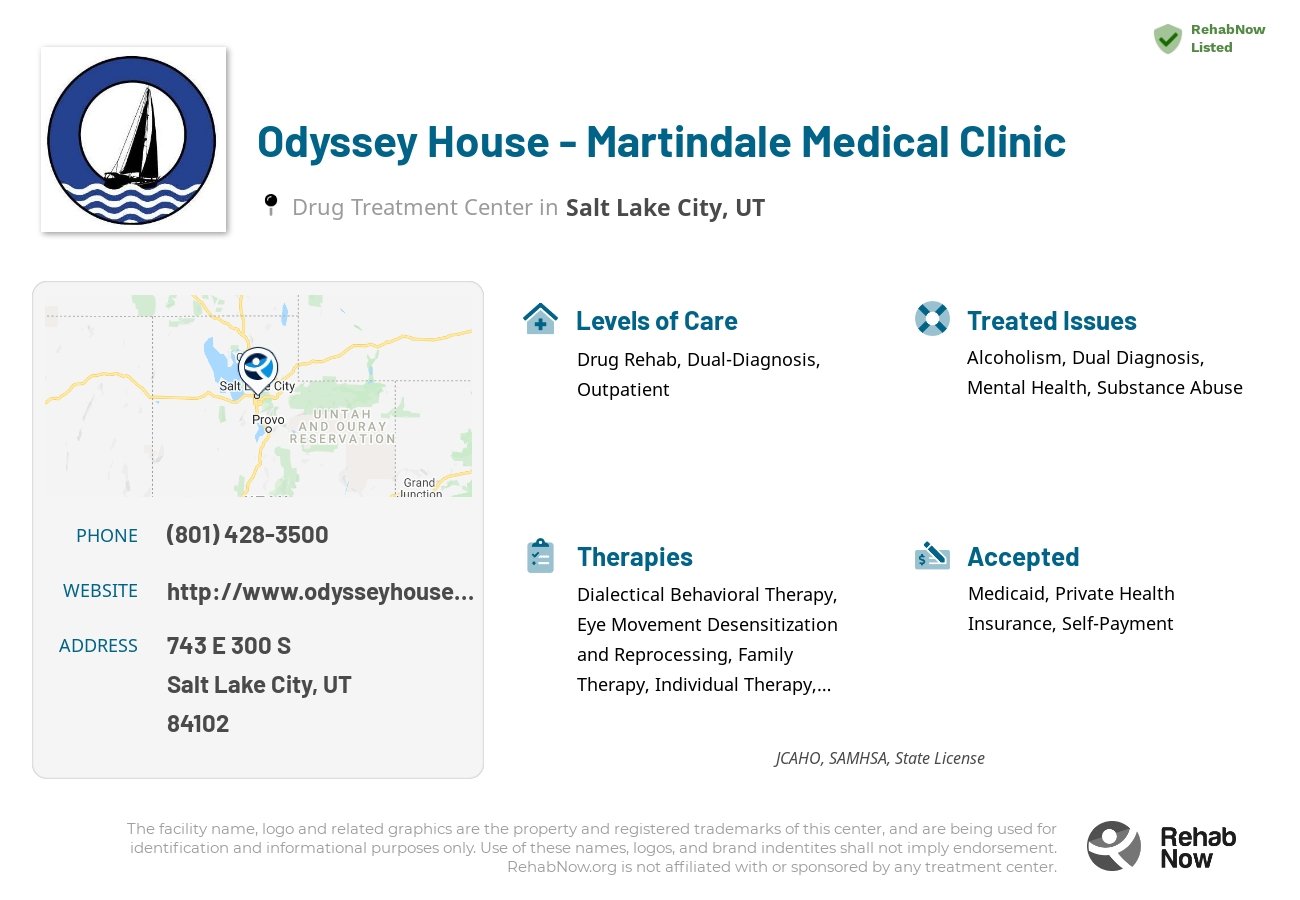 Helpful reference information for Odyssey House - Martindale Medical Clinic, a drug treatment center in Utah located at: 743 E 300 S, Salt Lake City, UT, 84102, including phone numbers, official website, and more. Listed briefly is an overview of Levels of Care, Therapies Offered, Issues Treated, and accepted forms of Payment Methods.