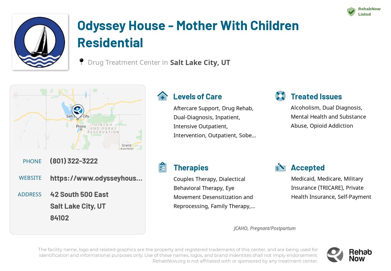 Helpful reference information for Odyssey House - Mother With Children Residential, a drug treatment center in Utah located at: 42 South 500 East, Salt Lake City, UT 84102, including phone numbers, official website, and more. Listed briefly is an overview of Levels of Care, Therapies Offered, Issues Treated, and accepted forms of Payment Methods.