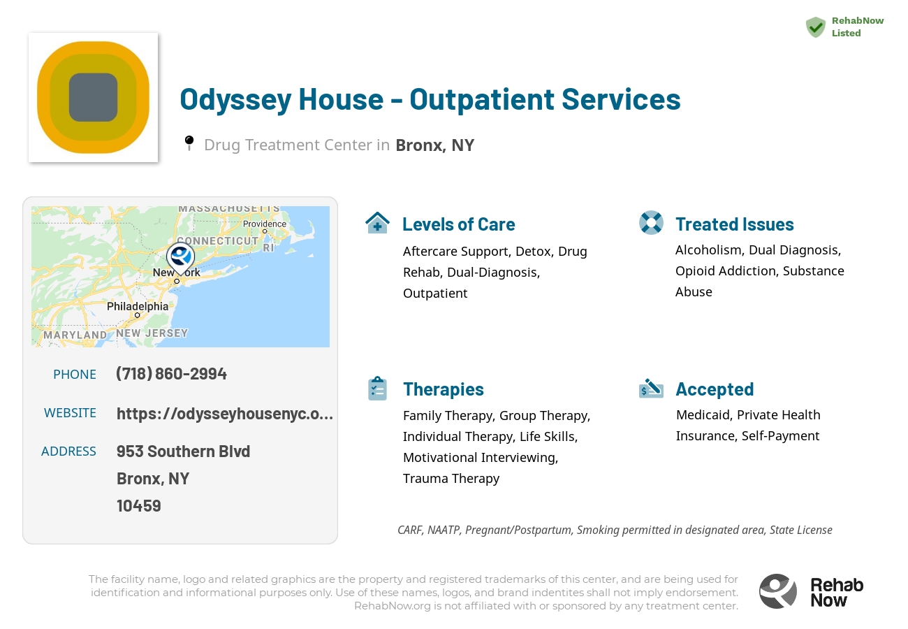 Helpful reference information for Odyssey House - Outpatient Services, a drug treatment center in New York located at: 953 Southern Blvd, Bronx, NY 10459, including phone numbers, official website, and more. Listed briefly is an overview of Levels of Care, Therapies Offered, Issues Treated, and accepted forms of Payment Methods.