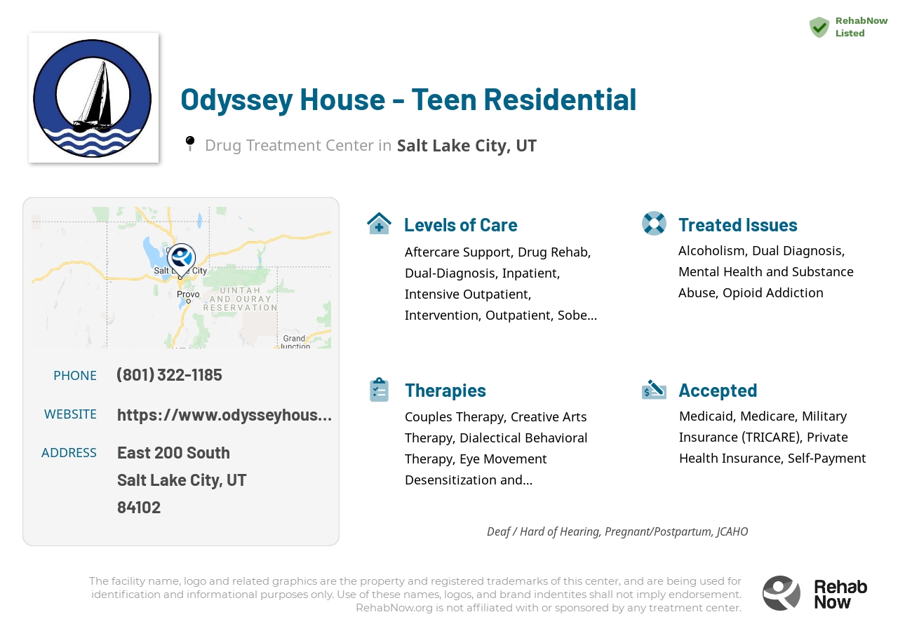 Helpful reference information for Odyssey House - Teen Residential, a drug treatment center in Utah located at: East 200 South, Salt Lake City, UT 84102, including phone numbers, official website, and more. Listed briefly is an overview of Levels of Care, Therapies Offered, Issues Treated, and accepted forms of Payment Methods.