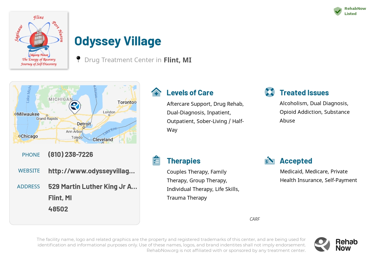 Helpful reference information for Odyssey Village, a drug treatment center in Michigan located at: 529 Martin Luther King Jr Avenue, Flint, MI, 48502, including phone numbers, official website, and more. Listed briefly is an overview of Levels of Care, Therapies Offered, Issues Treated, and accepted forms of Payment Methods.