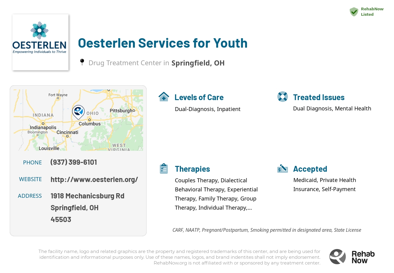 Helpful reference information for Oesterlen Services for Youth, a drug treatment center in Ohio located at: 1918 Mechanicsburg Rd, Springfield, OH 45503, including phone numbers, official website, and more. Listed briefly is an overview of Levels of Care, Therapies Offered, Issues Treated, and accepted forms of Payment Methods.