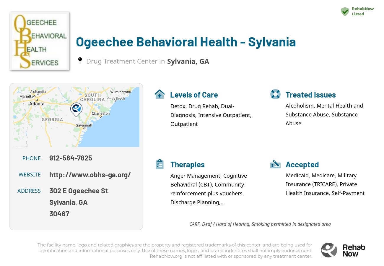 Helpful reference information for Ogeechee Behavioral Health - Sylvania, a drug treatment center in Georgia located at: 302 E Ogeechee St, Sylvania, GA 30467, including phone numbers, official website, and more. Listed briefly is an overview of Levels of Care, Therapies Offered, Issues Treated, and accepted forms of Payment Methods.