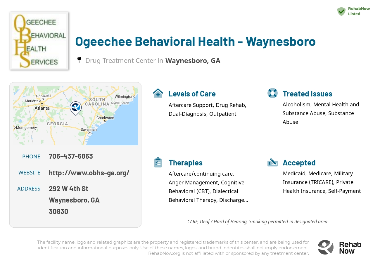 Helpful reference information for Ogeechee Behavioral Health - Waynesboro, a drug treatment center in Georgia located at: 292 W 4th St, Waynesboro, GA 30830, including phone numbers, official website, and more. Listed briefly is an overview of Levels of Care, Therapies Offered, Issues Treated, and accepted forms of Payment Methods.