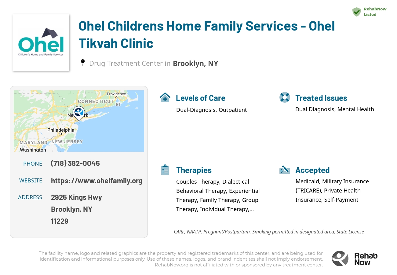 Helpful reference information for Ohel Childrens Home Family Services - Ohel Tikvah Clinic, a drug treatment center in New York located at: 2925 Kings Hwy, Brooklyn, NY 11229, including phone numbers, official website, and more. Listed briefly is an overview of Levels of Care, Therapies Offered, Issues Treated, and accepted forms of Payment Methods.