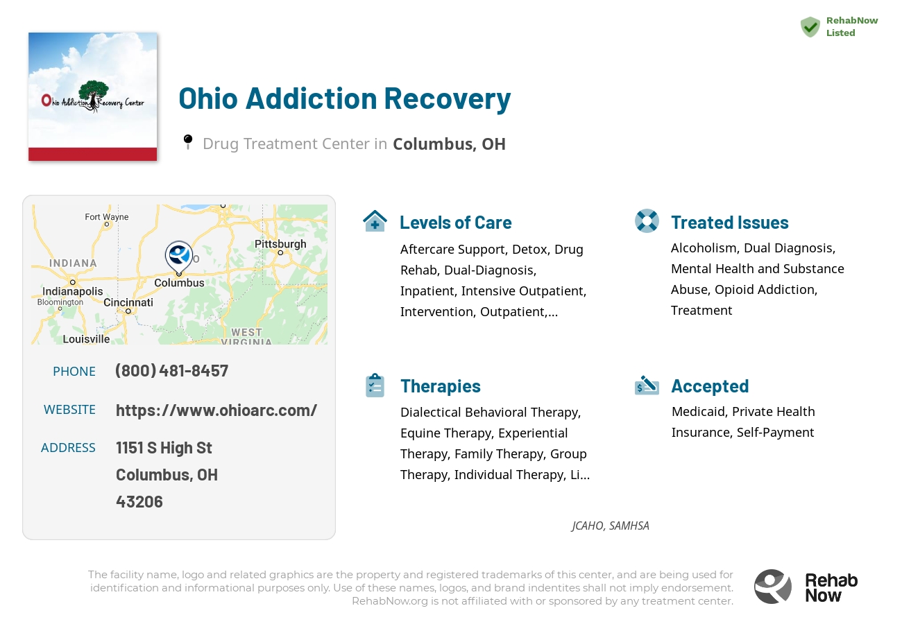 Helpful reference information for Ohio Addiction Recovery, a drug treatment center in Ohio located at: 1151 S High St, Columbus, OH 43206, including phone numbers, official website, and more. Listed briefly is an overview of Levels of Care, Therapies Offered, Issues Treated, and accepted forms of Payment Methods.