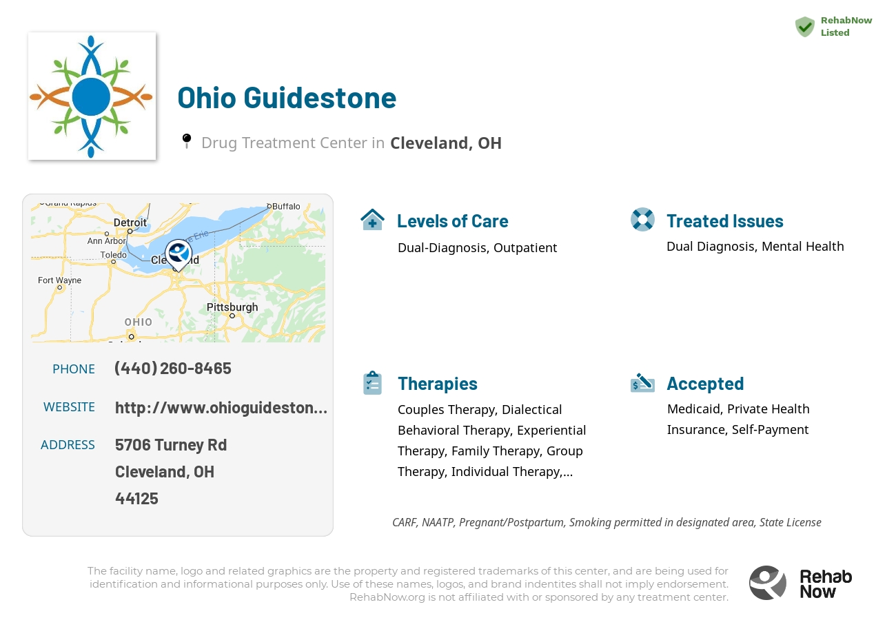 Helpful reference information for Ohio Guidestone, a drug treatment center in Ohio located at: 5706 Turney Rd, Cleveland, OH 44125, including phone numbers, official website, and more. Listed briefly is an overview of Levels of Care, Therapies Offered, Issues Treated, and accepted forms of Payment Methods.
