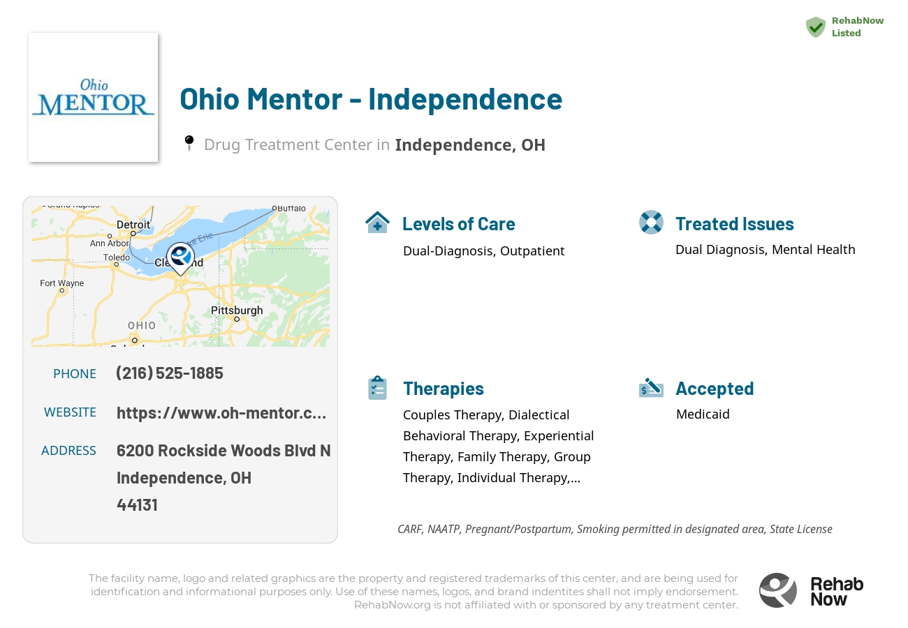 Helpful reference information for Ohio Mentor - Independence, a drug treatment center in Ohio located at: 6200 Rockside Woods Blvd N, Independence, OH 44131, including phone numbers, official website, and more. Listed briefly is an overview of Levels of Care, Therapies Offered, Issues Treated, and accepted forms of Payment Methods.