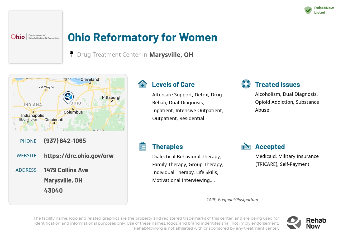 Helpful reference information for Ohio Reformatory for Women, a drug treatment center in Ohio located at: 1479 Collins Ave, Marysville, OH 43040, including phone numbers, official website, and more. Listed briefly is an overview of Levels of Care, Therapies Offered, Issues Treated, and accepted forms of Payment Methods.