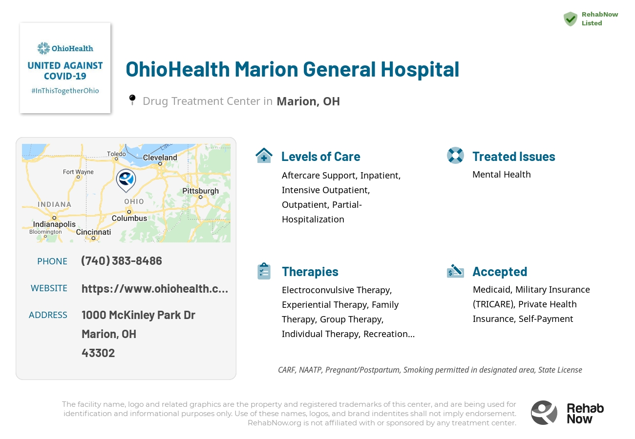 Helpful reference information for OhioHealth Marion General Hospital, a drug treatment center in Ohio located at: 1000 McKinley Park Dr, Marion, OH 43302, including phone numbers, official website, and more. Listed briefly is an overview of Levels of Care, Therapies Offered, Issues Treated, and accepted forms of Payment Methods.