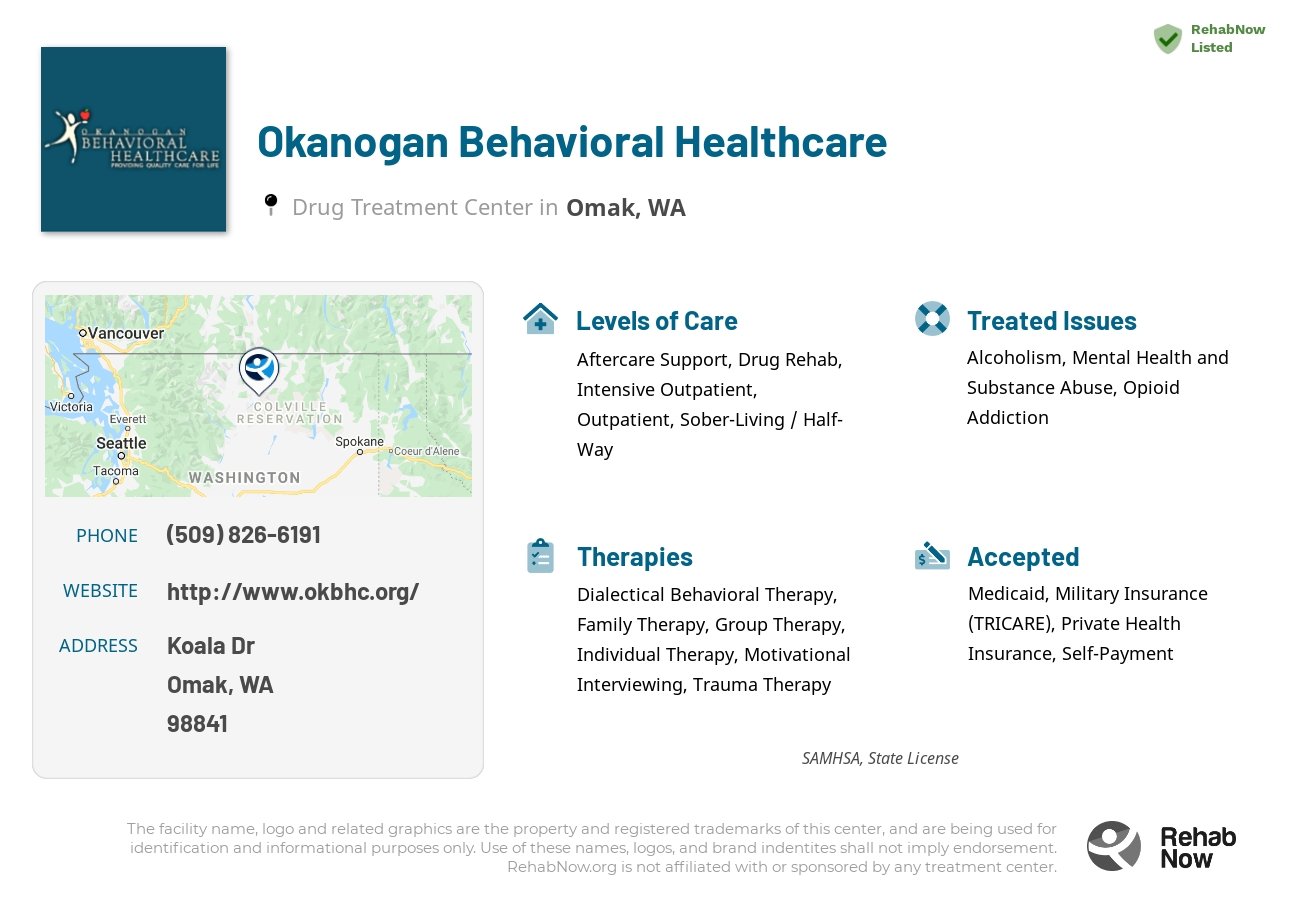 Helpful reference information for Okanogan Behavioral Healthcare, a drug treatment center in Washington located at: Koala Dr, Omak, WA 98841, including phone numbers, official website, and more. Listed briefly is an overview of Levels of Care, Therapies Offered, Issues Treated, and accepted forms of Payment Methods.