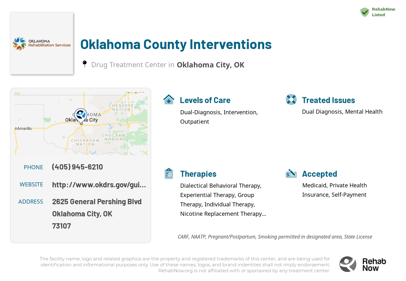 Helpful reference information for Oklahoma County Interventions, a drug treatment center in Oklahoma located at: 2625 General Pershing Blvd, Oklahoma City, OK 73107, including phone numbers, official website, and more. Listed briefly is an overview of Levels of Care, Therapies Offered, Issues Treated, and accepted forms of Payment Methods.