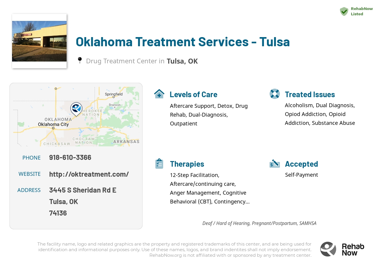 Helpful reference information for Oklahoma Treatment Services - Tulsa, a drug treatment center in Oklahoma located at: 3445 S Sheridan Rd E, Tulsa, OK 74136, including phone numbers, official website, and more. Listed briefly is an overview of Levels of Care, Therapies Offered, Issues Treated, and accepted forms of Payment Methods.