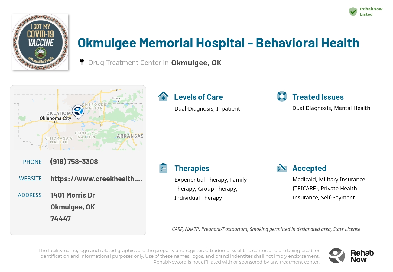 Helpful reference information for Okmulgee Memorial Hospital - Behavioral Health, a drug treatment center in Oklahoma located at: 1401 Morris Dr, Okmulgee, OK 74447, including phone numbers, official website, and more. Listed briefly is an overview of Levels of Care, Therapies Offered, Issues Treated, and accepted forms of Payment Methods.