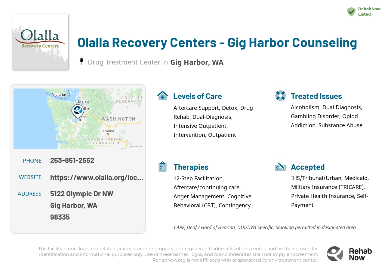 Helpful reference information for Olalla Recovery Centers - Gig Harbor Counseling, a drug treatment center in Washington located at: 5122 Olympic Dr NW, Gig Harbor, WA 98335, including phone numbers, official website, and more. Listed briefly is an overview of Levels of Care, Therapies Offered, Issues Treated, and accepted forms of Payment Methods.