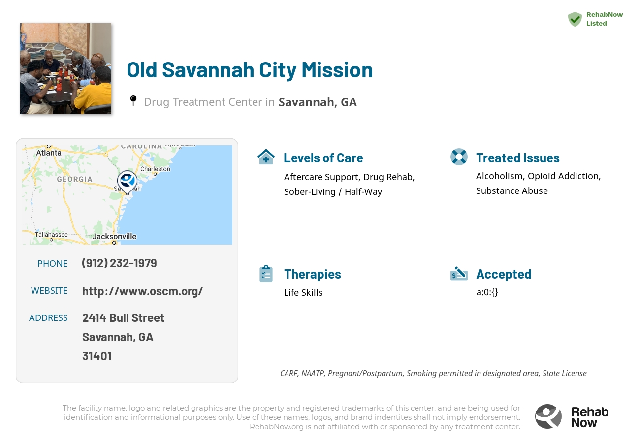 Helpful reference information for Old Savannah City Mission, a drug treatment center in Georgia located at: 2414 2414 Bull Street, Savannah, GA 31401, including phone numbers, official website, and more. Listed briefly is an overview of Levels of Care, Therapies Offered, Issues Treated, and accepted forms of Payment Methods.