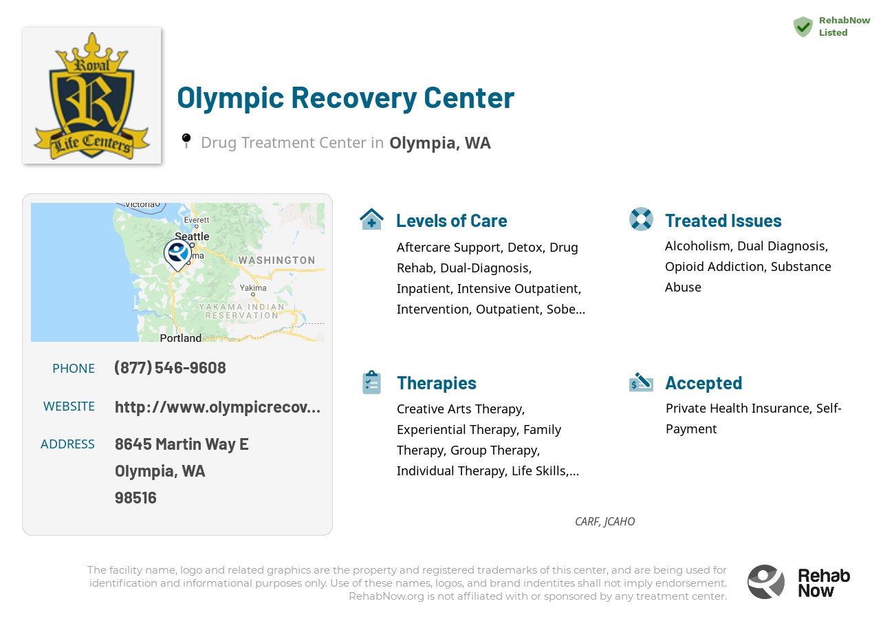 Helpful reference information for Olympic Recovery Center, a drug treatment center in Washington located at: 8645 Martin Way E, Olympia, WA 98516, including phone numbers, official website, and more. Listed briefly is an overview of Levels of Care, Therapies Offered, Issues Treated, and accepted forms of Payment Methods.